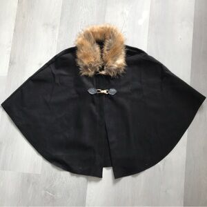 BLACK FELT CAPELET SHAWL PONCHO FAUX FUR COLLAR WOMENS SMALL